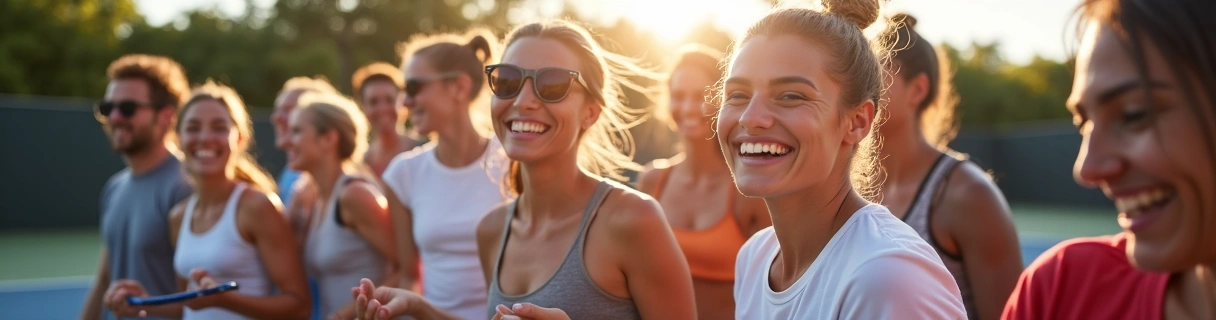 Group of diverse people enjoying tennis together, smiling