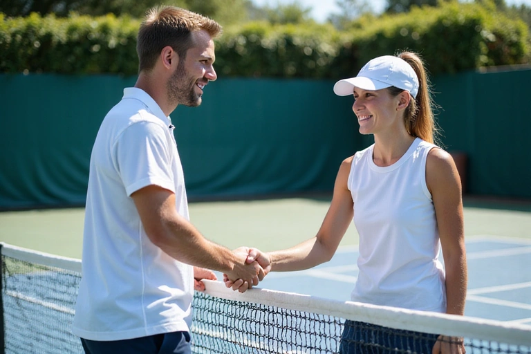 Tennis players shaking hands over a net after a friendly match