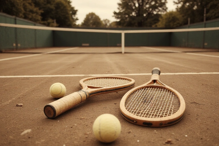 Vintage photograph of a tennis court with classic rackets and balls