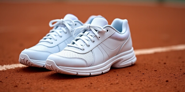 A pair of well-maintained tennis shoes on a clay court