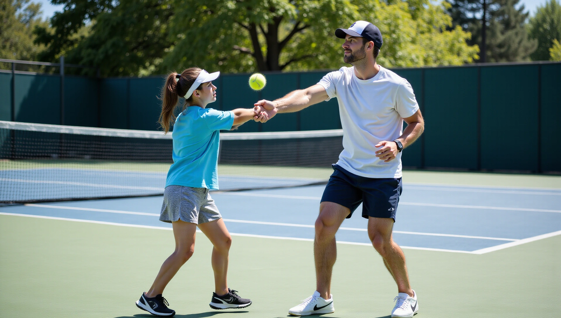 Tennis coach demonstrating a serve to a student on a court, professional, no text