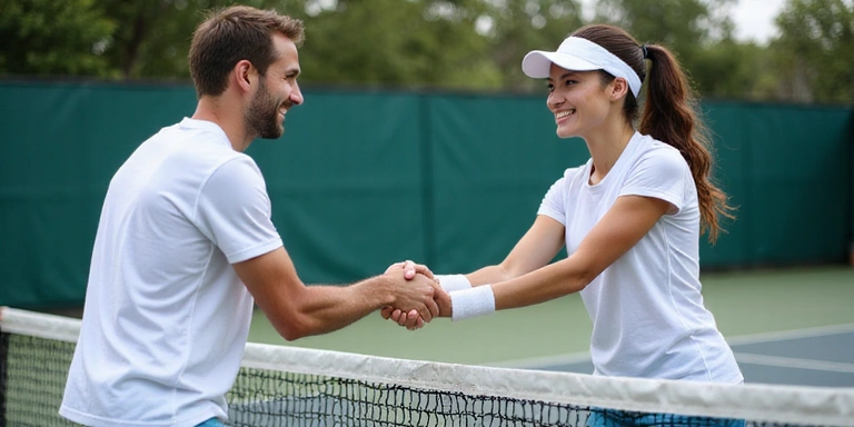 Two tennis players shaking hands over the net after a competitive match
