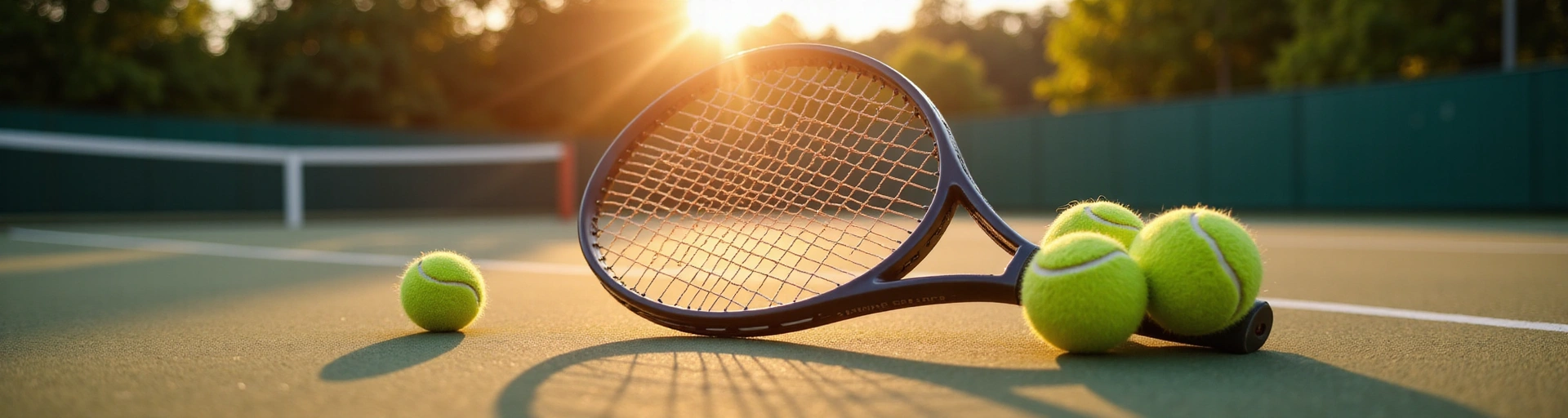 Artistic shot of a tennis racket resting on a court with balls, serene, no text