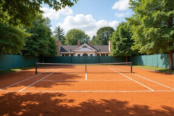 Clay court tennis club with lush greenery