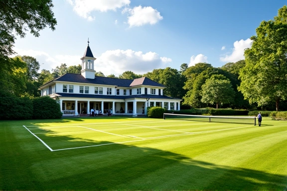Grass court tennis club with traditional architecture