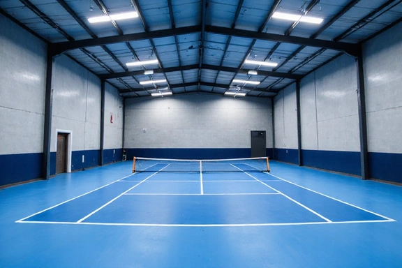 Indoor tennis facility with high ceilings and bright lighting
