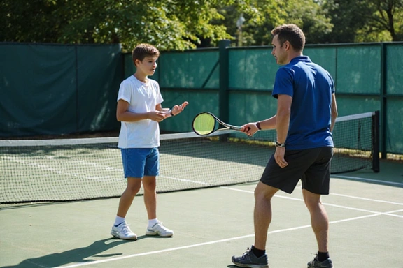 Tennis coach giving lesson