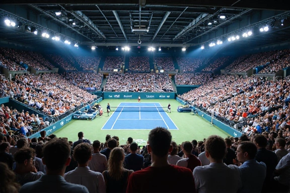 A large crowd cheering during a professional tennis exhibition match