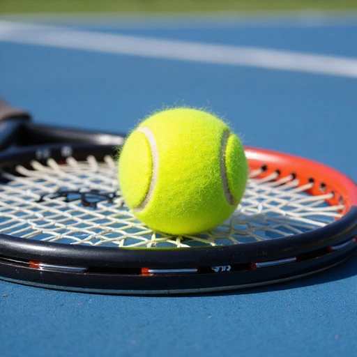 Close-up of a tennis ball and racket on a court, dynamic, no text