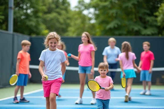 Community tennis festival with families and children playing on mini-courts