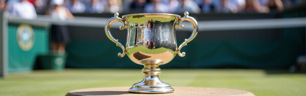 Close-up of a gleaming tennis trophy with a blurred tennis court background