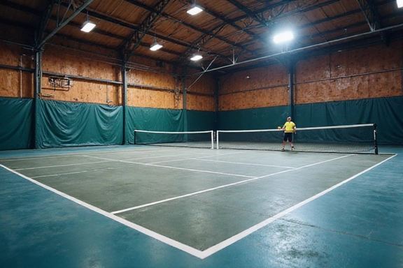 Indoor tennis court with a single player serving