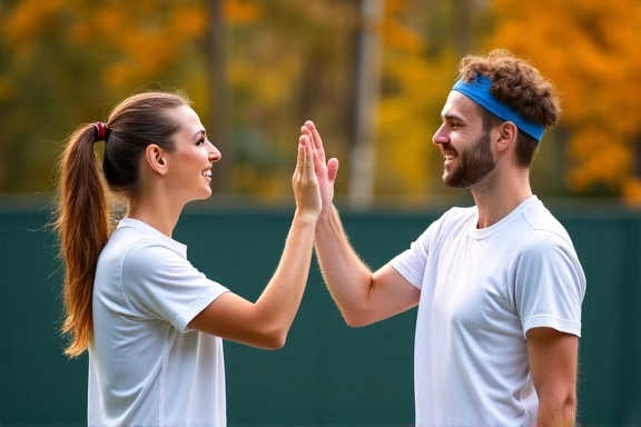 Mixed doubles tennis partners celebrating a point